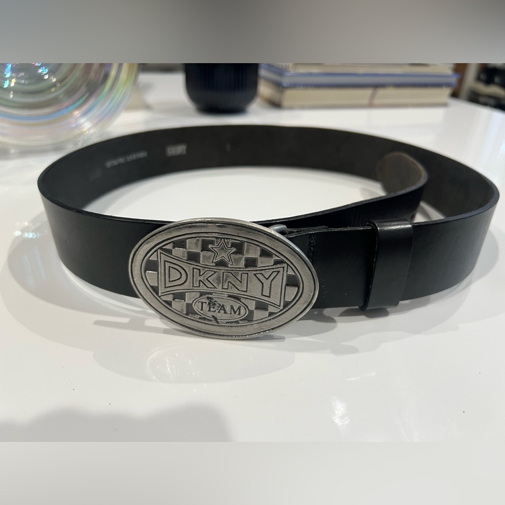 VINTAGE 90s DKNY Women’s Black Leather Belt w/ Silver Metal Logo Buckle Y2K Rare